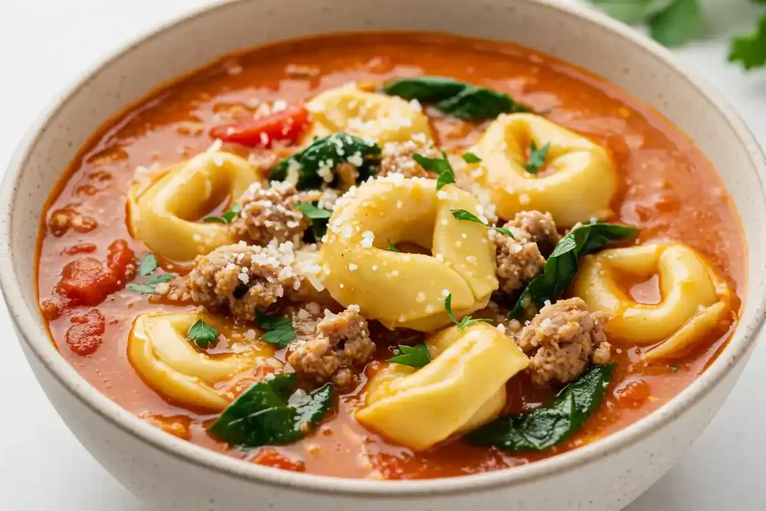 Homemade Crockpot Tortellini Soup with tomato broth, sausage, and spinach.