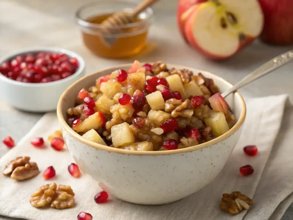 Traditional Charoset made with apples, nuts, and sweet wine in a rustic bowl