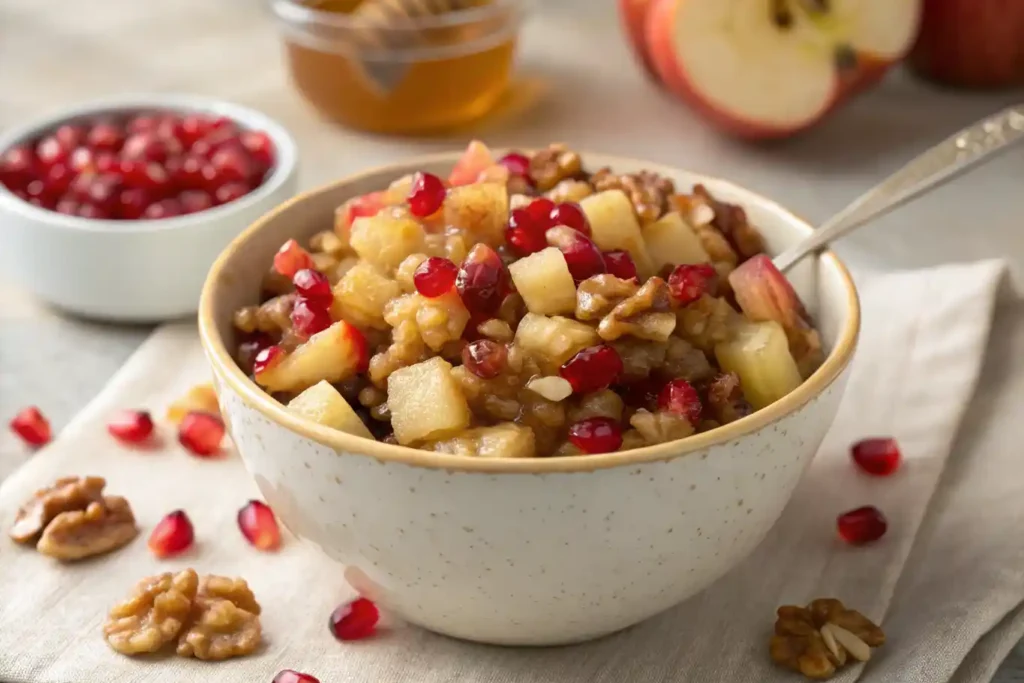 Traditional Charoset made with apples, nuts, and sweet wine in a rustic bowl