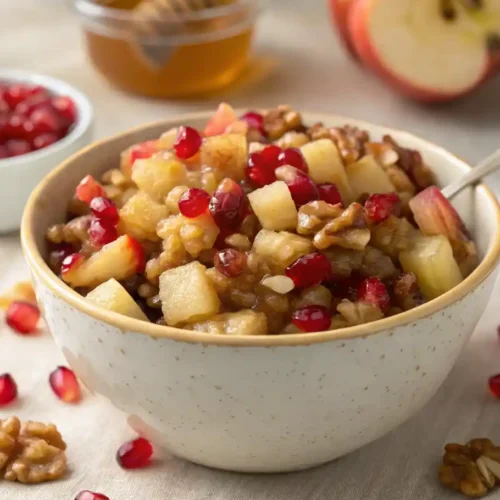 Traditional Charoset made with apples, nuts, and sweet wine in a rustic bowl