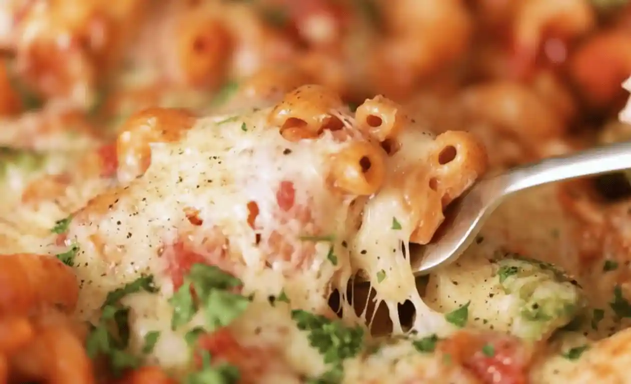 Easy One Pot Chiken Creamy Pasta Recipe Close-up of Easy One Pot Chicken Pasta with creamy tomato sauce, tender chicken bites, melted cheese, and fresh basil, showcasing the rich, smooth texture of the dish.