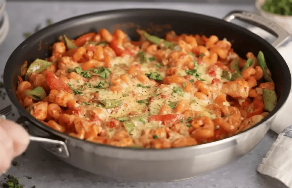 Easy One Pot Chicken Pasta served in a bowl with creamy tomato sauce, tender chicken pieces, melted cheese, and fresh basil garnish, captured in natural light.
