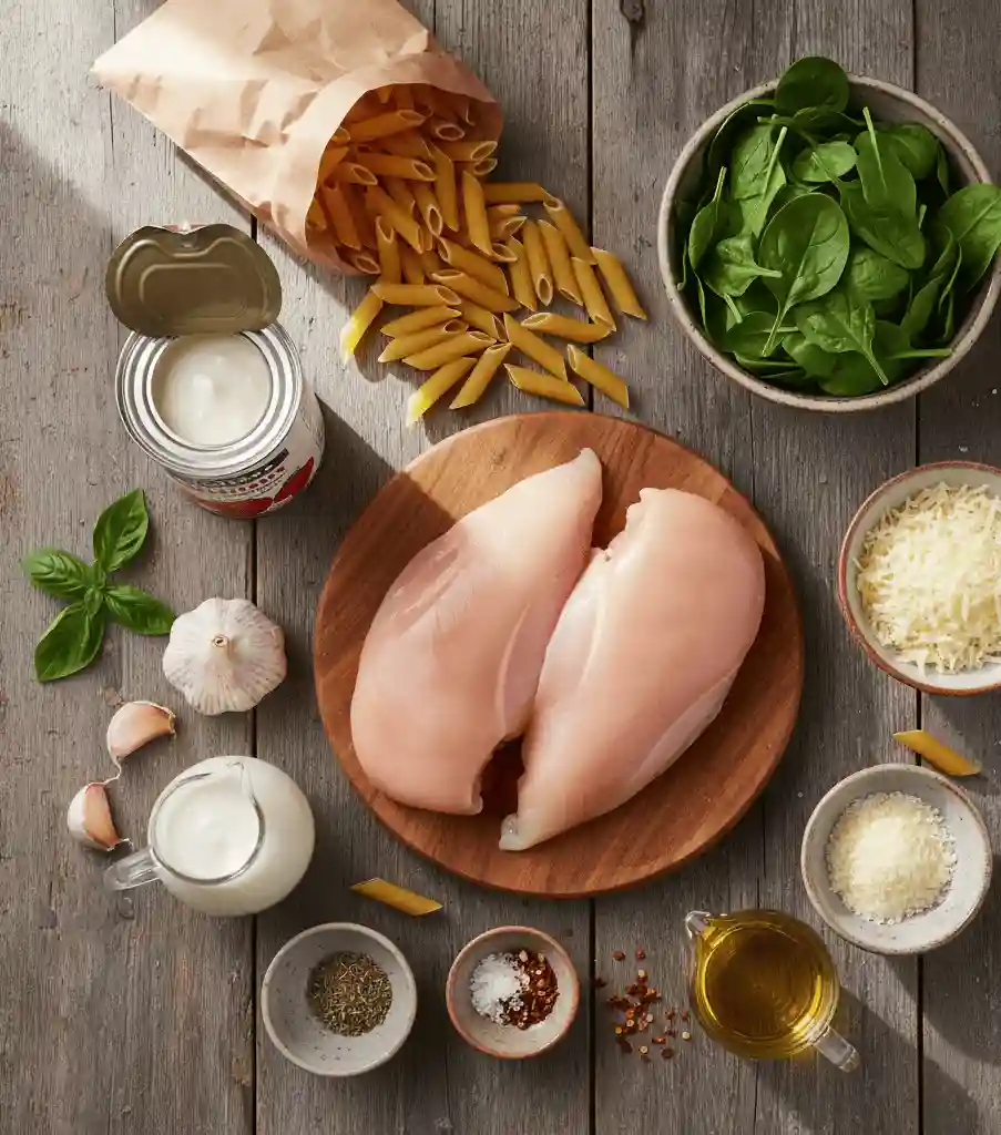 Easy One Pot Chiken Recipe Engredient List Ingredients for Easy One Pot Chicken Pasta including raw chicken, penne pasta, garlic, diced tomatoes, spinach, mozzarella, Parmesan, olive oil, and Italian herbs arranged on a rustic kitchen surface.