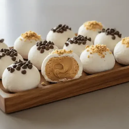 Frozen Greek Yogurt Peanut Butter Bites on an elegant modern table, topped with chocolate chips and peanuts