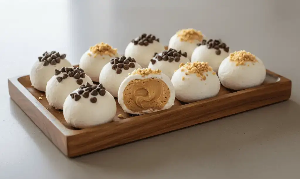 Frozen Greek Yogurt Peanut Butter Bites on an elegant modern table, topped with chocolate chips and peanuts