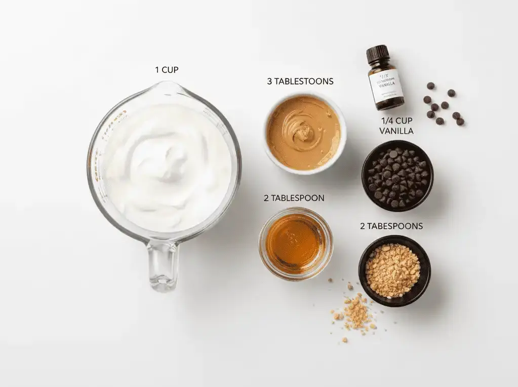 “Ingredients for Frozen Greek Yogurt Peanut Butter Bites arranged on an elegant modern table: Greek yogurt, peanut butter, honey, chocolate chips, and crushed peanuts”