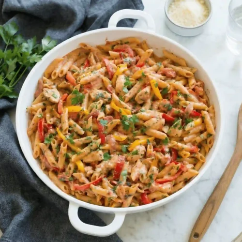Creamy one pot Cajun chicken pasta with penne, tender chicken, bell peppers, and parmesan served in a skillet