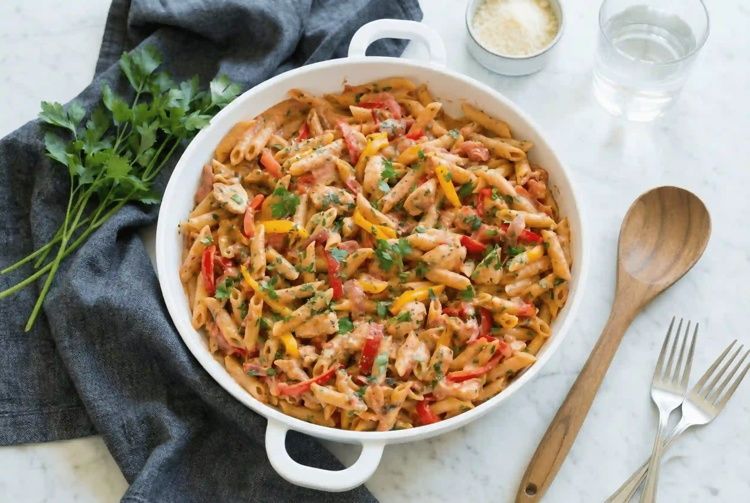 Creamy one pot Cajun chicken pasta with penne, tender chicken, bell peppers, and parmesan served in a skillet