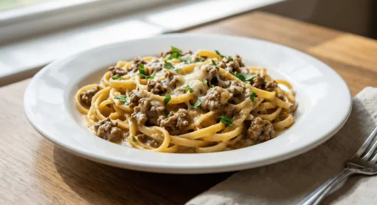 one-pot creamy beef and garlic butter pasta cooking in a skillet