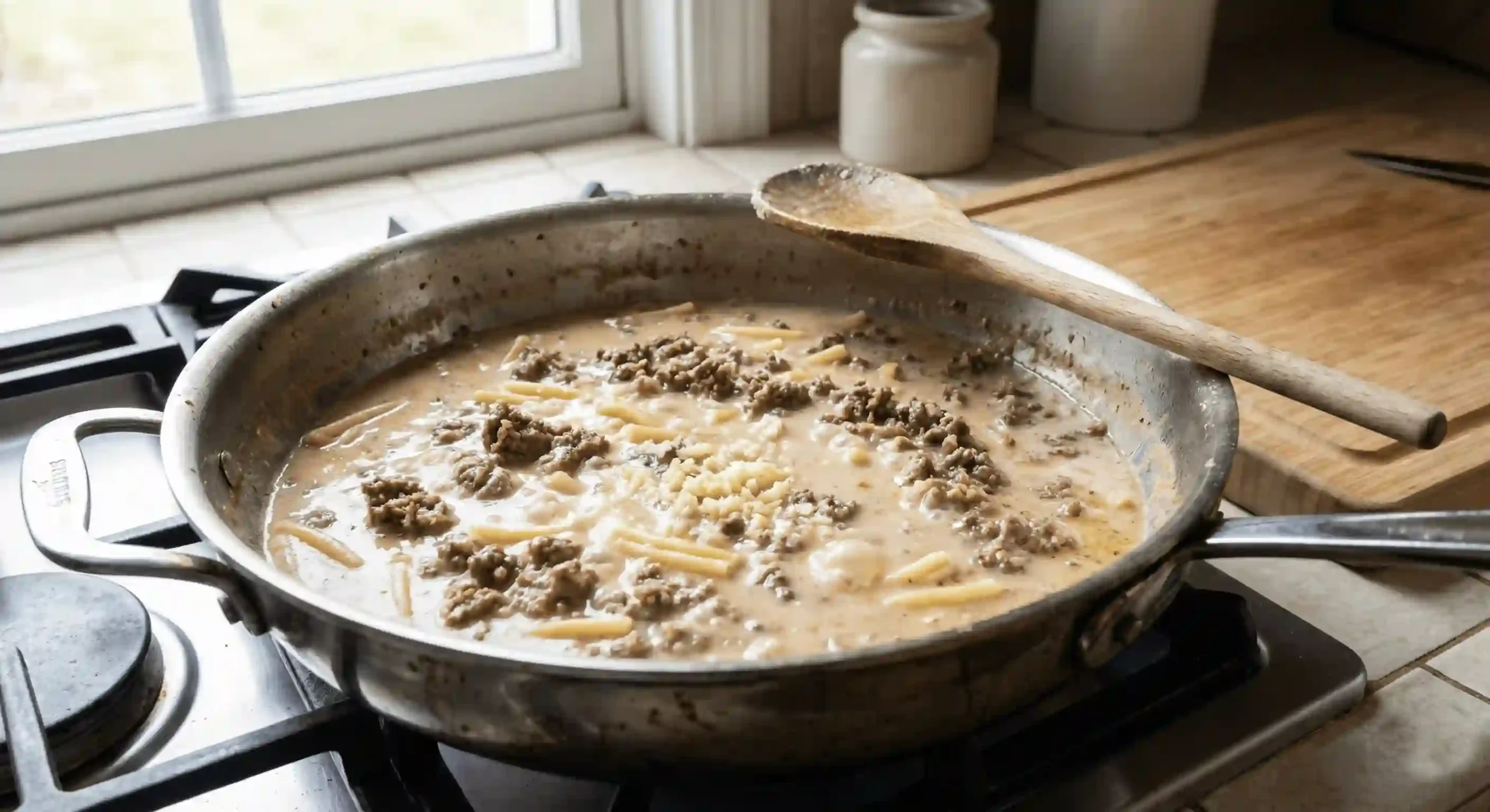 one-pot creamy beef and garlic butter pasta cooking in a skillet