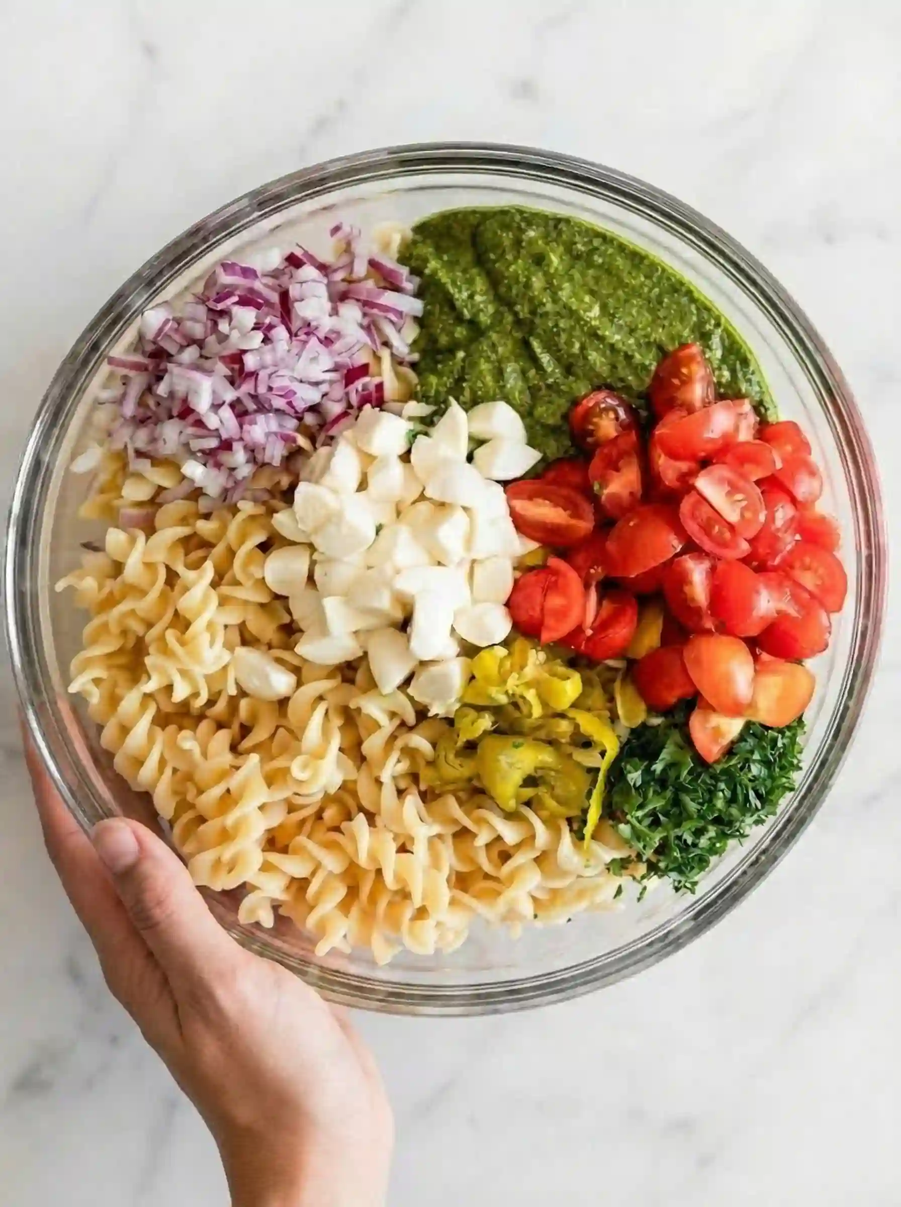 Cooled rotini pasta tossed with basil pesto in a large bowl for pesto pasta salad