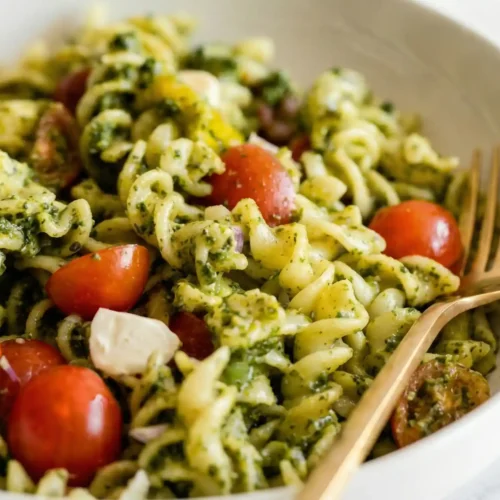 Pesto pasta salad with rotini, cherry tomatoes, and mozzarella in a bowl