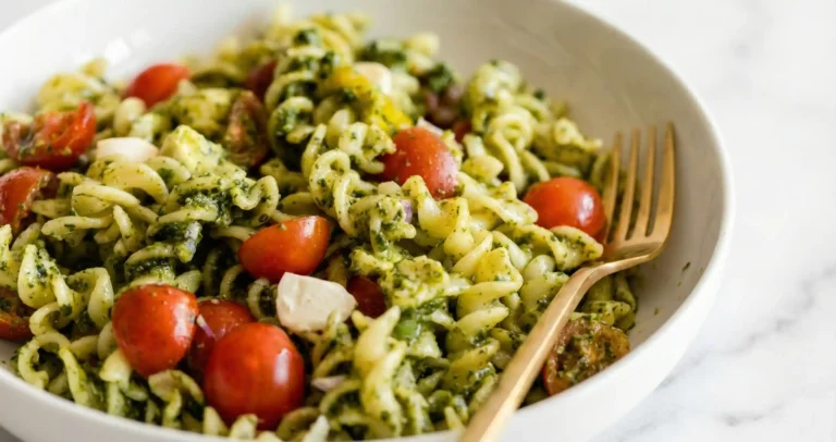 Pesto pasta salad with rotini, cherry tomatoes, and mozzarella in a bowl