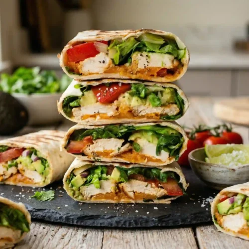 Healthy chicken avocado wrap sliced in half showing creamy filling with lettuce and tomatoes
