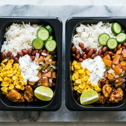 Chicken burrito bowl meal prep containers with rice beans corn and chicken