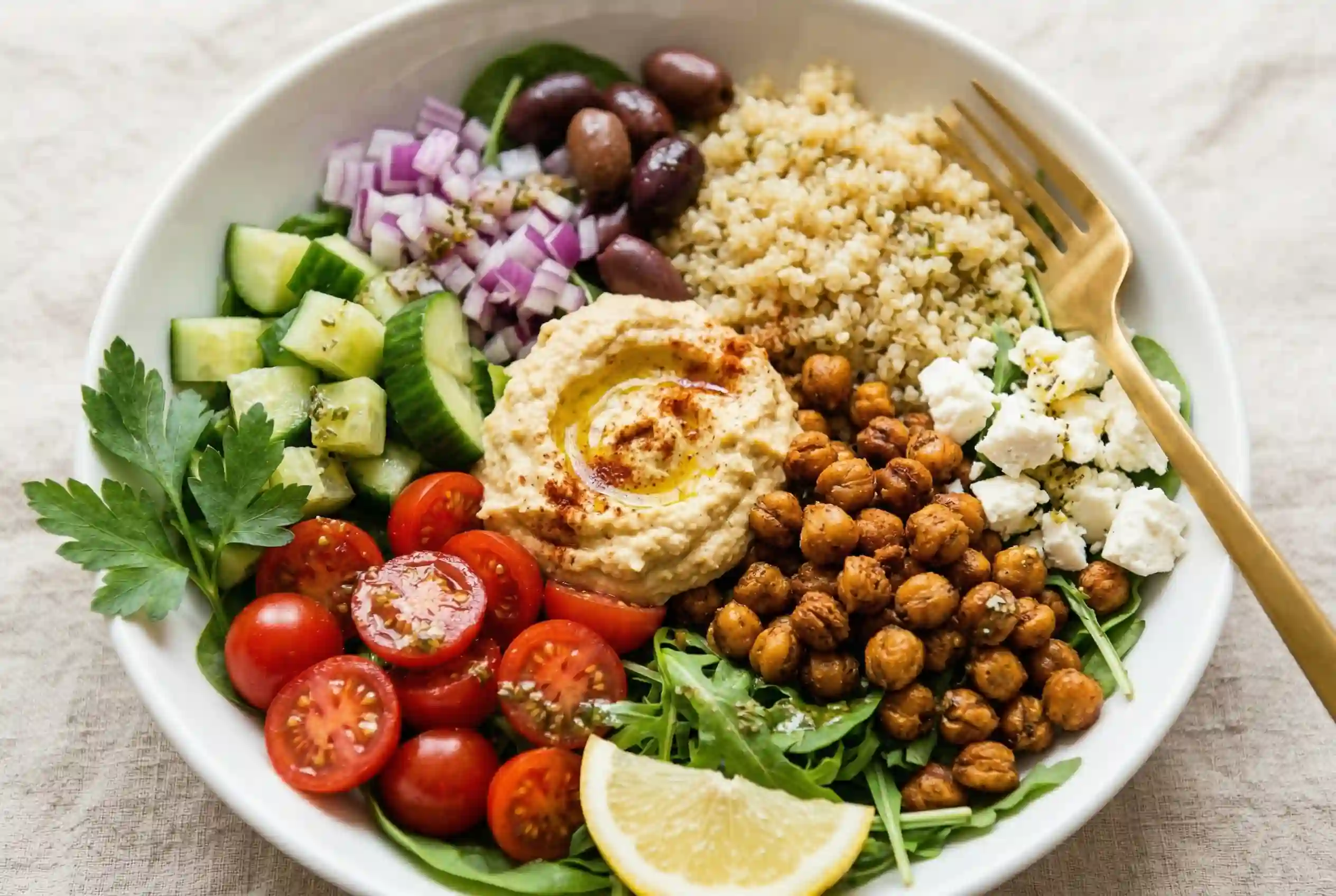 Easy Mediterranean Chickpea Bowl Overhead view of a Mediterranean chickpea bowl with golden crispy chickpeas, hummus dollop, red onion, olives, cucumber, tomatoes and lemon wedge