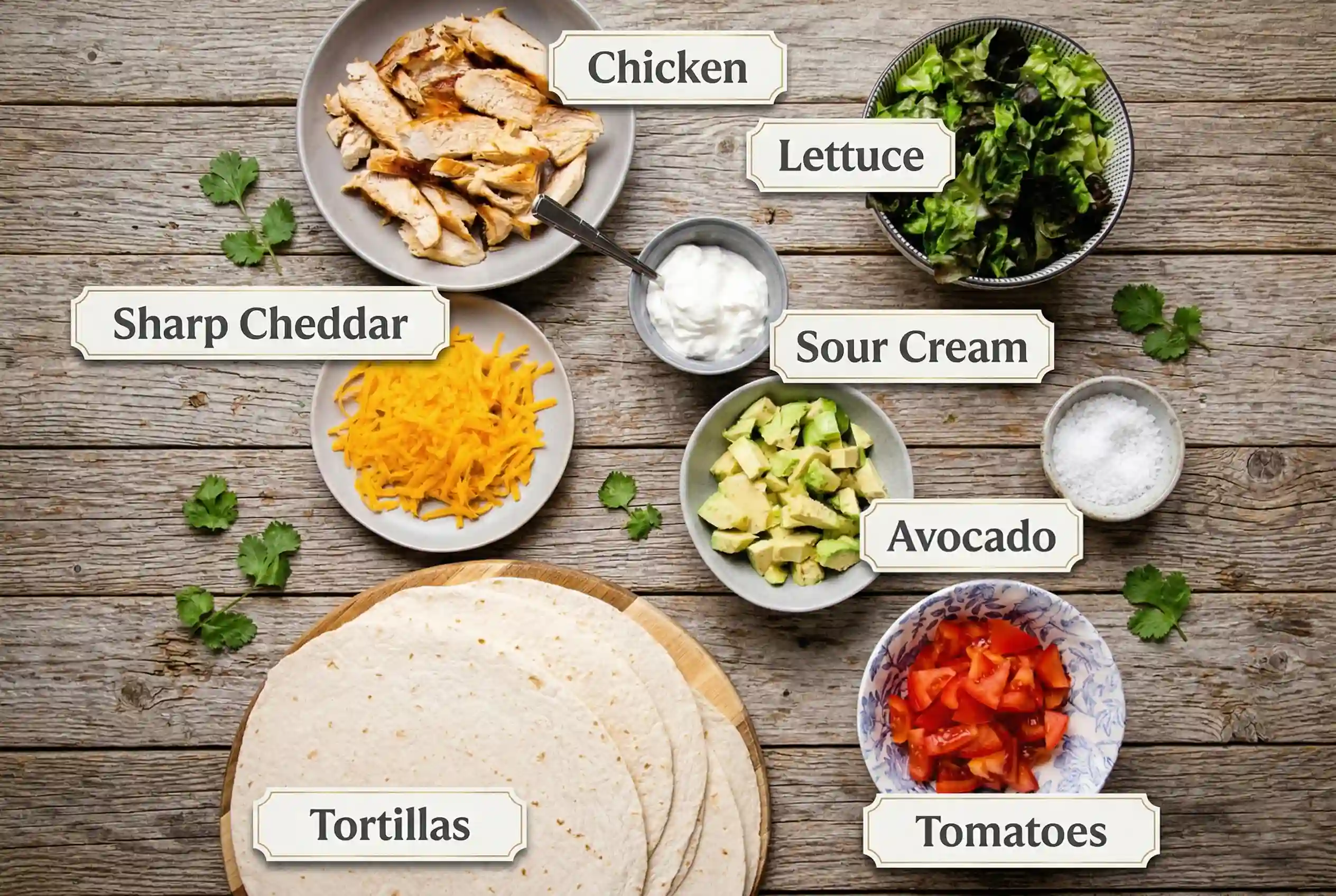 Healthy Chicken Avocado Wrap Ingredients Ingredients for healthy chicken avocado wrap recipe - shredded chicken, ripe avocados, Greek yogurt, lime