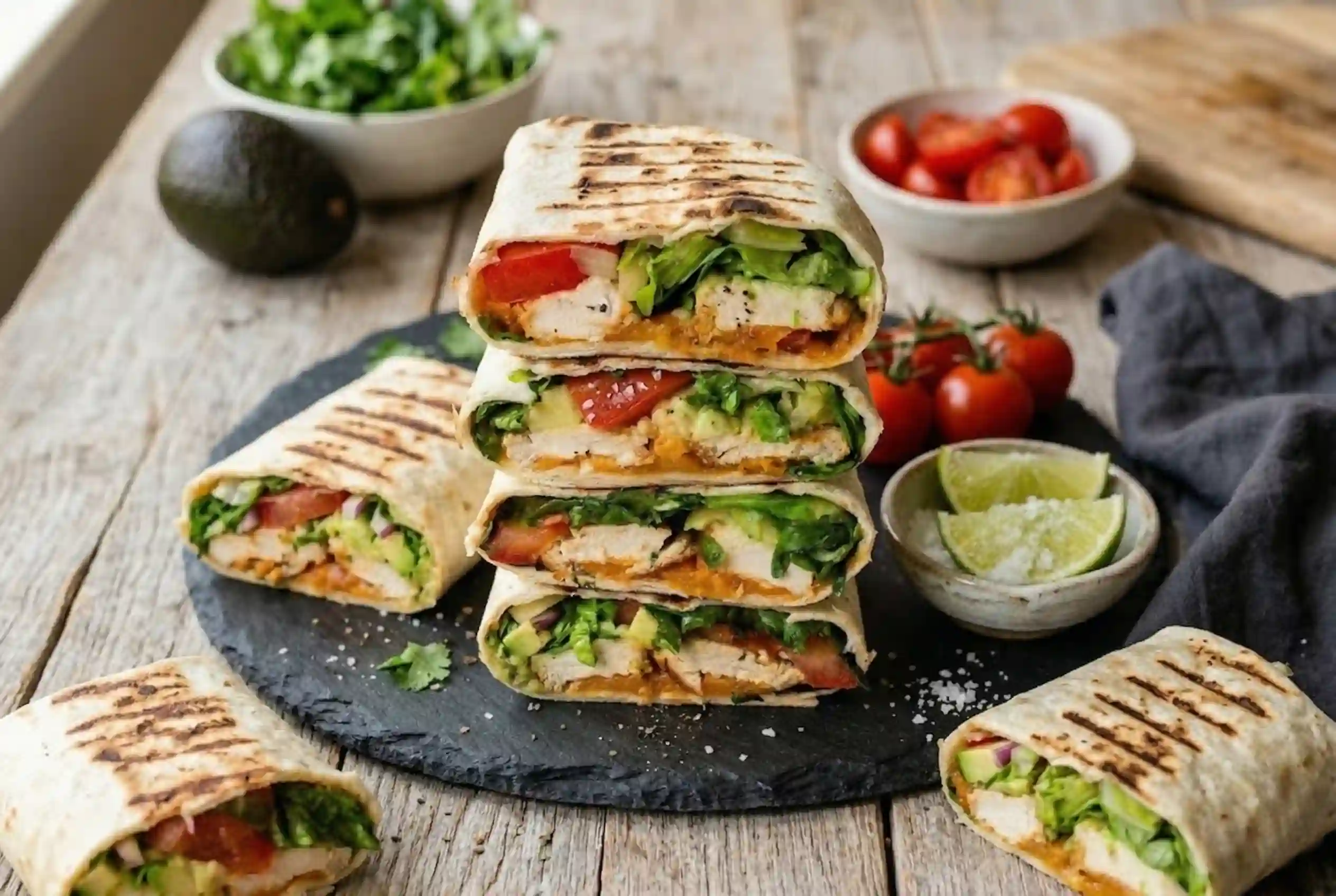 Healthy Chicken Avocado Wrap Recipe Stack of healthy chicken avocado wraps perfect for quick lunch - creamy avocado chicken filling recipe