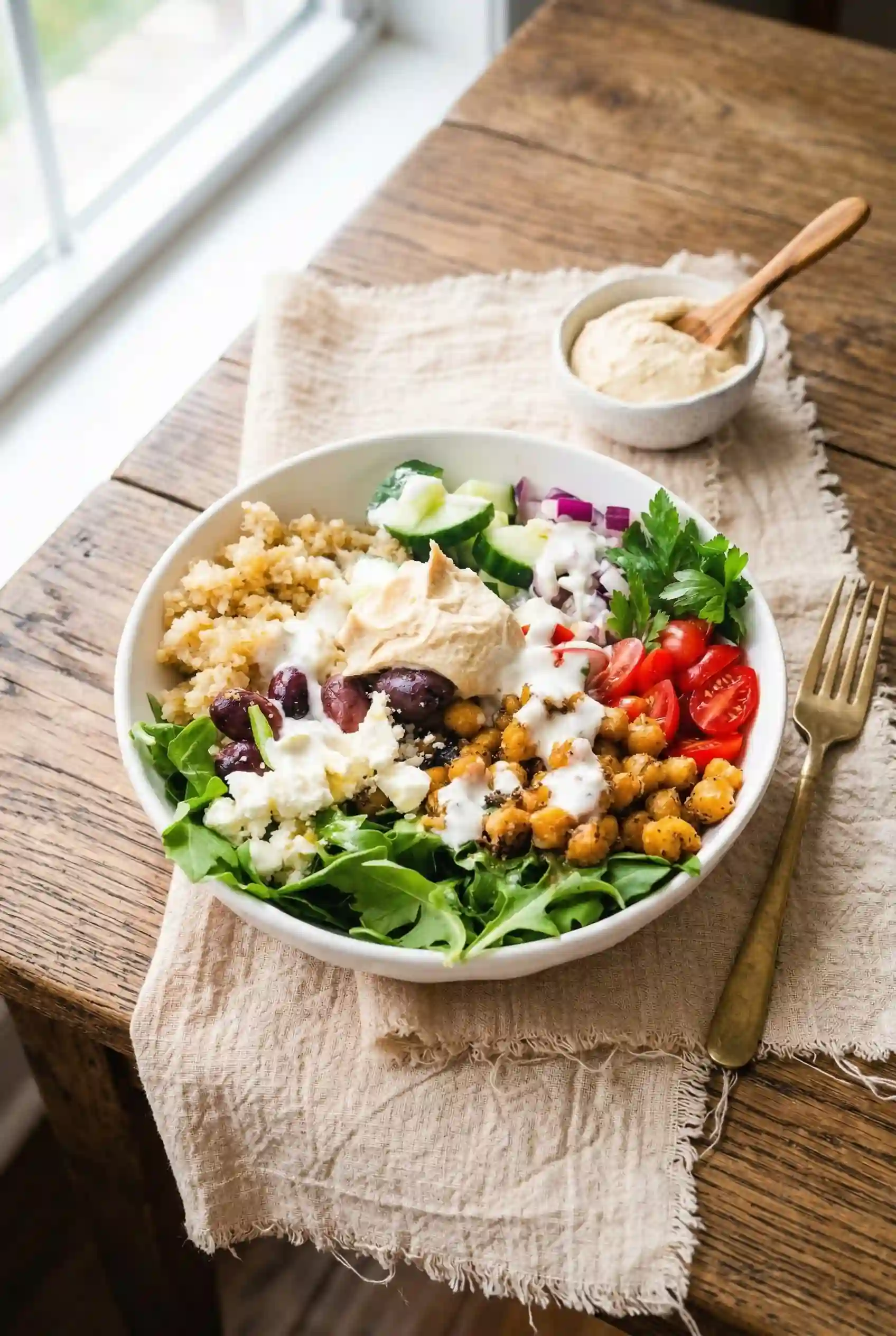 How to Assemble a Mediterranean Chickpea Bowl Assembling a Mediterranean chickpea lunch bowl with hummus swipe, fluffy quinoa, crispy golden chickpeas, halved cherry tomatoes, diced cucumber and kalamata olives in a white ceramic bowl