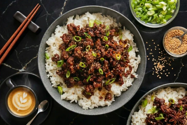 Ground beef cooking in skillet with green onions and wooden spoon for Korean beef bowl recipe