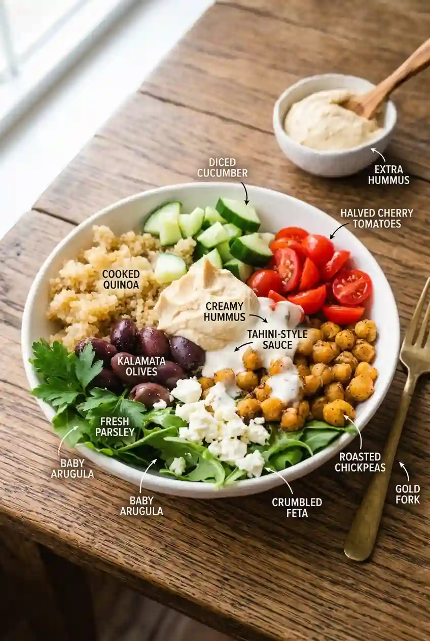 Mediterranean Chickpea Bowl Ingredients Flat lay of Mediterranean chickpea bowl ingredients including canned chickpeas, quinoa, hummus, cherry tomatoes, cucumber, red onion, kalamata olives, feta, lemon, olive oil, smoked paprika and cumin