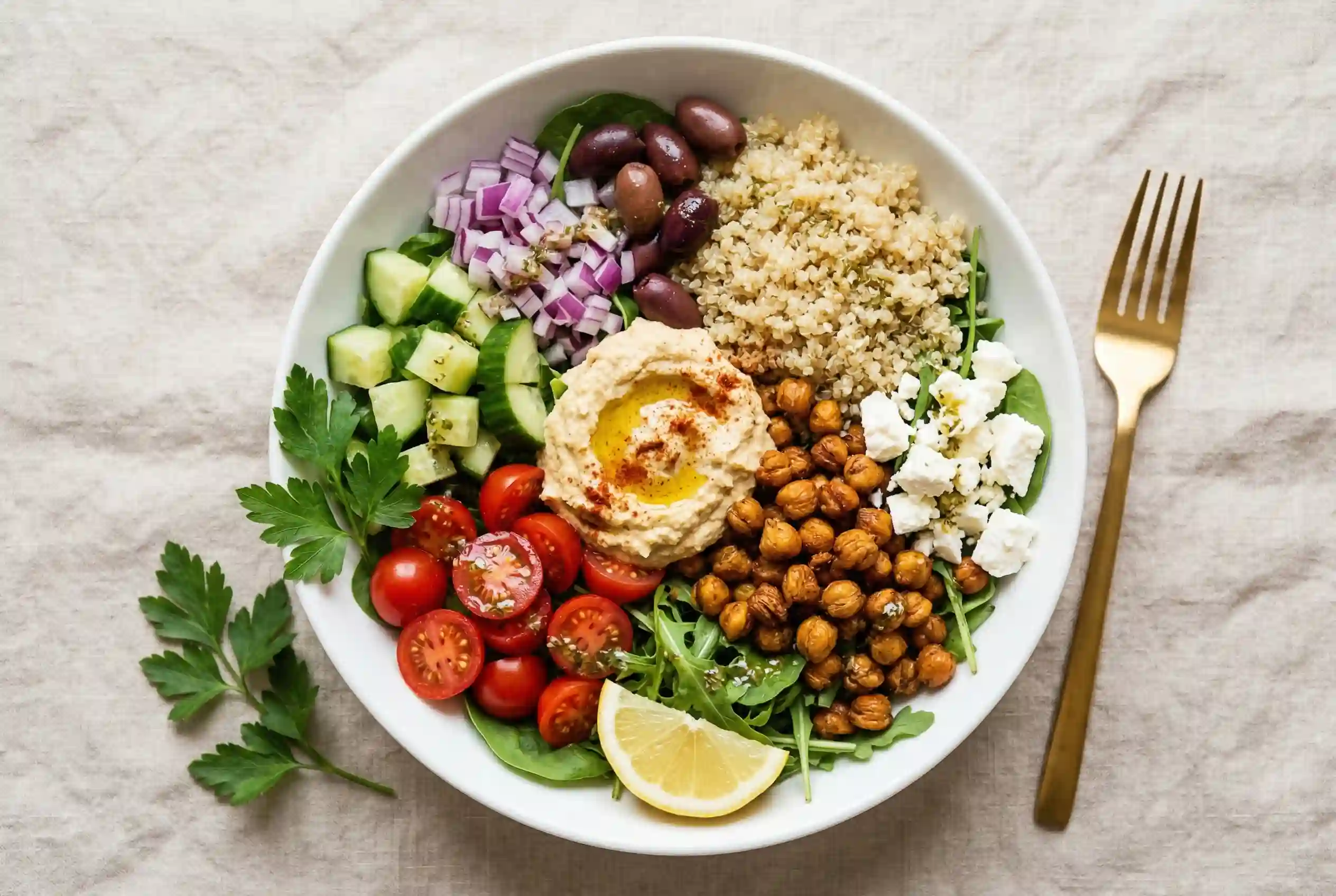 Mediterranean chickpea lunch bowl with crispy roasted chickpeas, hummus, quinoa, cucumber, cherry tomatoes, olives, and feta