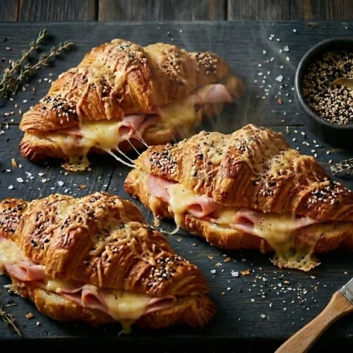 Baked turkey ham and cheese croissants fresh from oven with golden crust