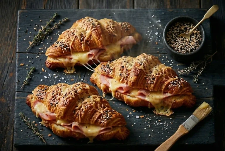 Baked turkey ham and cheese croissants fresh from oven with golden crust