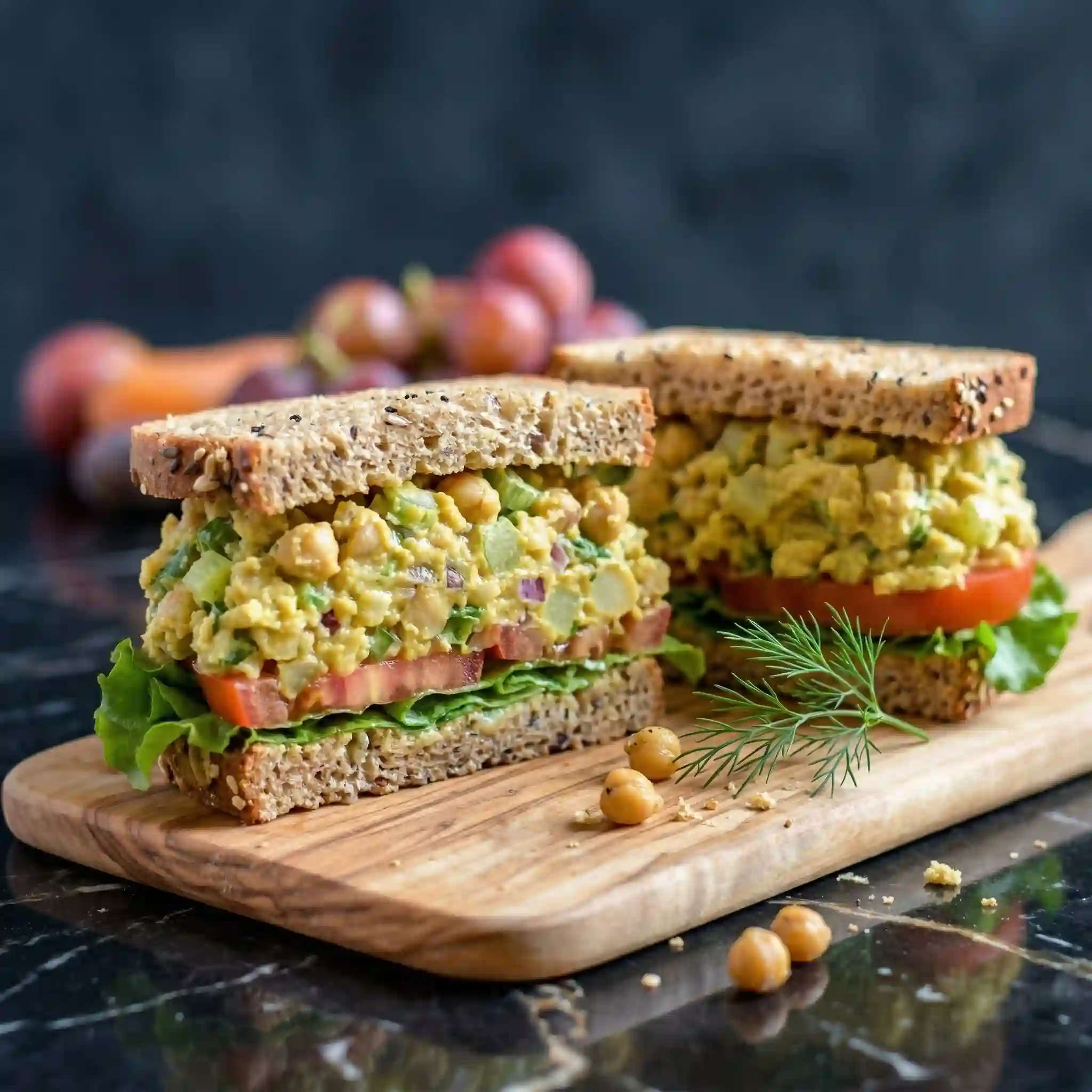 chickpea-salad-sandwich-cut Vegan chickpea salad sandwich cut in half showing creamy filling layers
