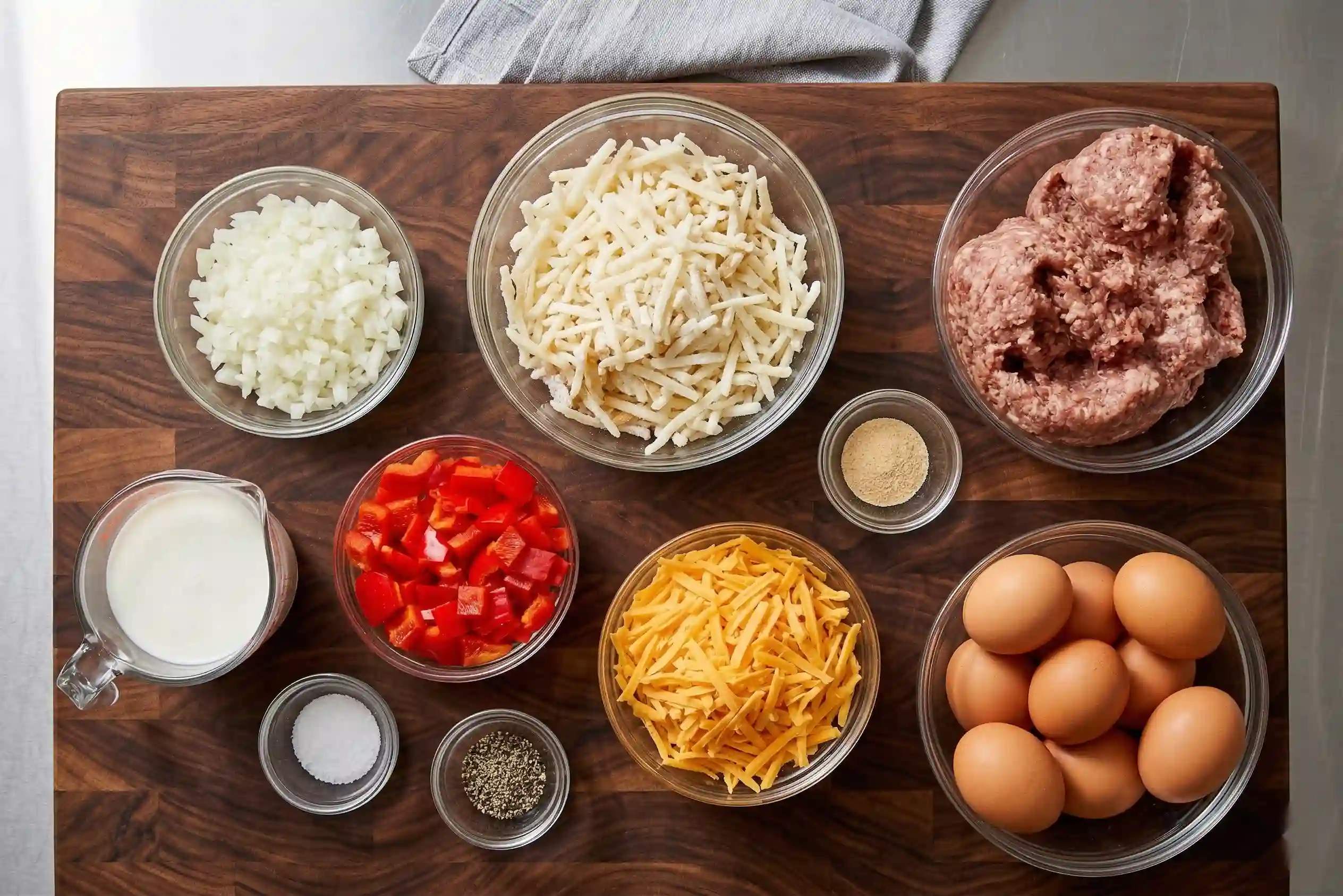 Sausage and egg casserole ingredients flatlay wood board