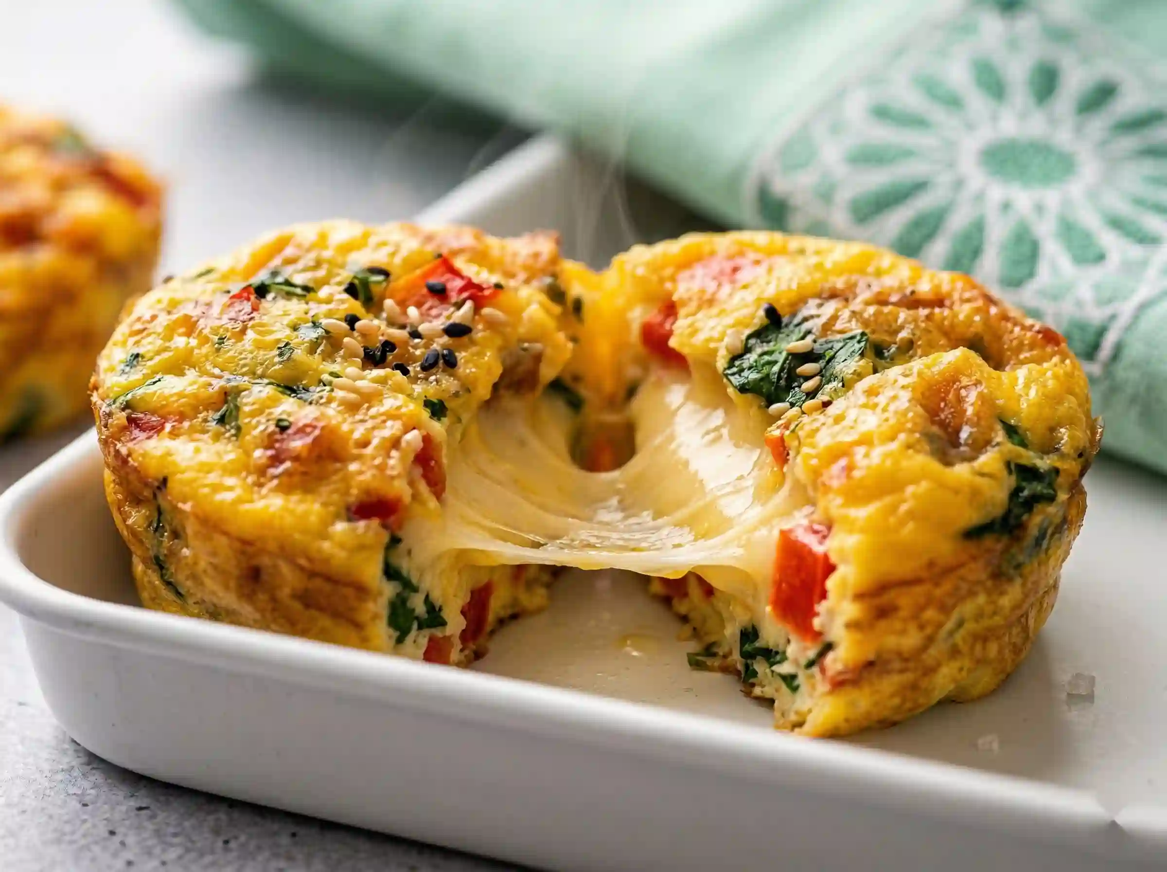 starbucks egg bites cottage cheese cheese pull spinach pepper closeup