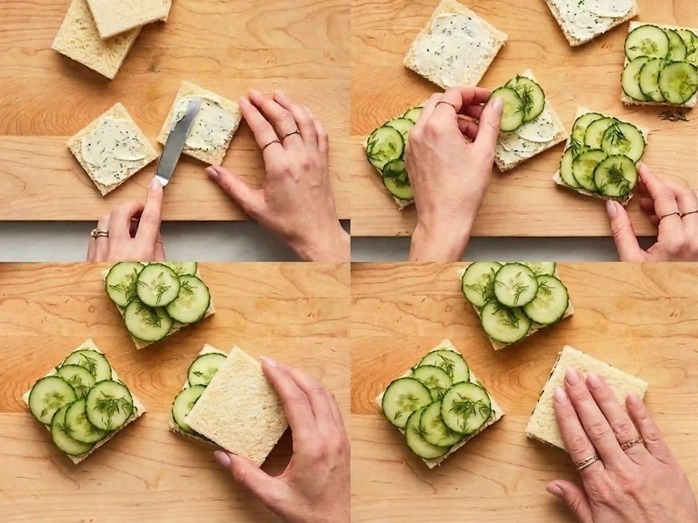 cucumber-cottage-cheese-sandwich-step-by-step-collage Step-by-step collage showing how to make a cucumber cottage cheese sandwich from salting cucumber to assembling the sandwich