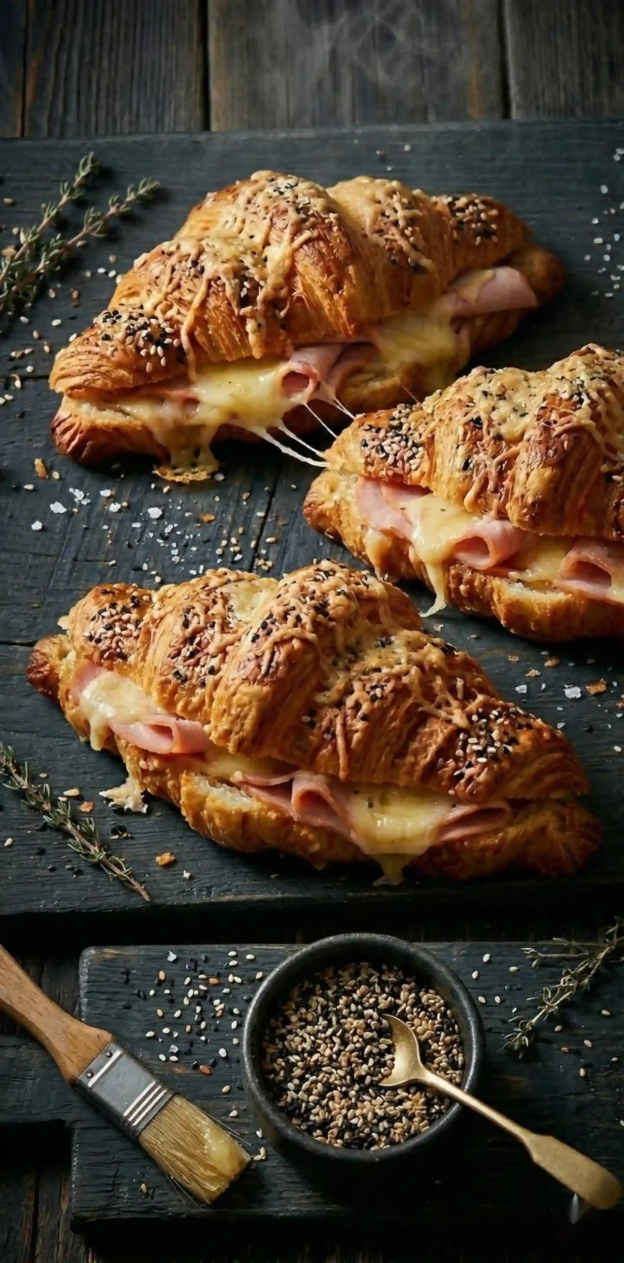 easy oven baked turkey ham cheese croissants melted. Golden turkey ham and cheese croissants on wooden board with sesame seeds