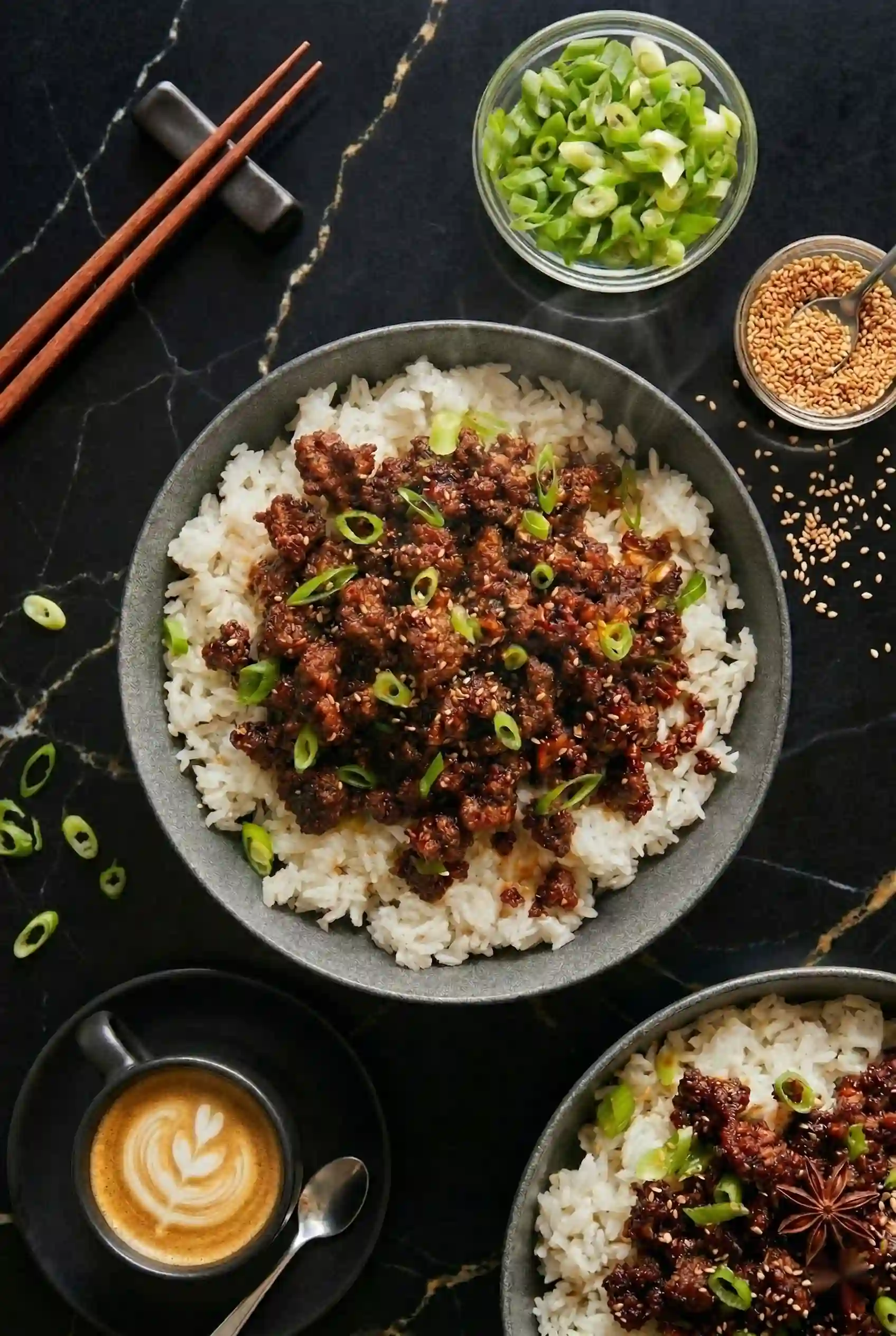 Korean ground beef bowl with glossy beef, rice, green onions, and sesame seeds in gray bowl