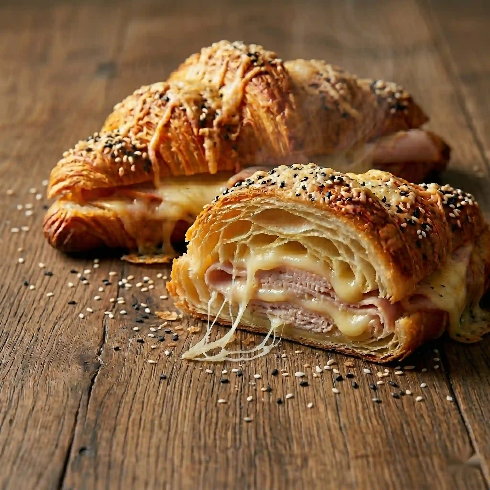 turkey ham cheese croissants wooden board sesame. Step by step baked turkey ham and cheese croissants before and after baking