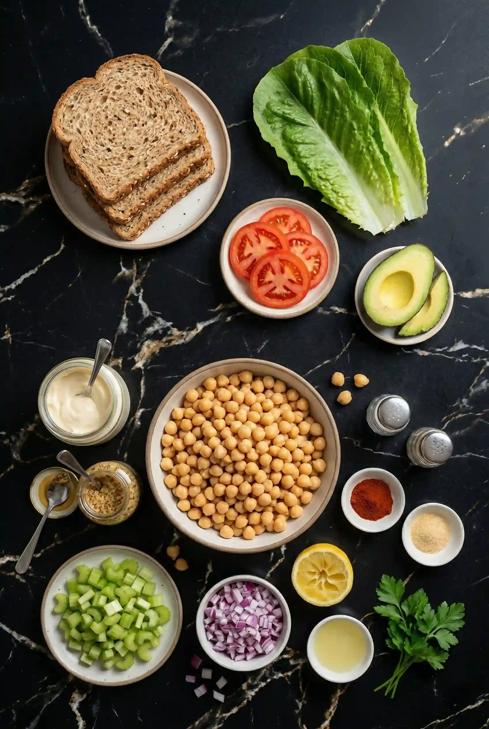 vegan-chickpea-salad-ingredients Vegan chickpea salad sandwich ingredients overhead shot with chickpeas celery and vegan mayo