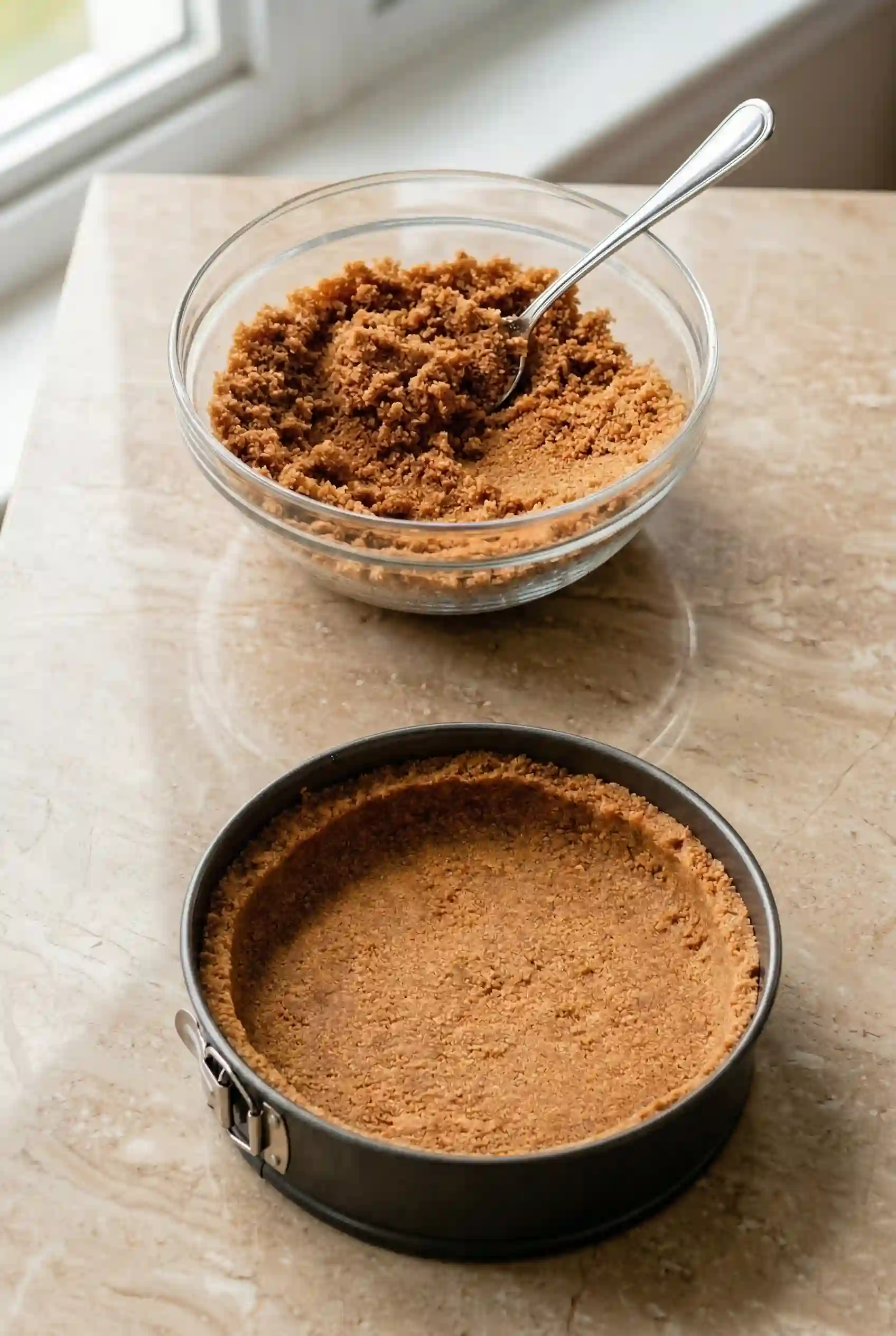 no bake cheese cake Graham Cracker Crust Graham cracker crust for no bake cheesecake in a springform pan