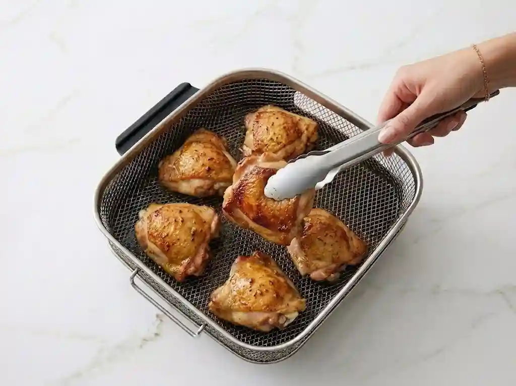 A close-up view looking into the perforated metal basket of an air fryer. Four seasoned chicken thighs are arranged in a precise single layer, not touching. A gentle sheen from a quick spray of oil is visible on the surface.