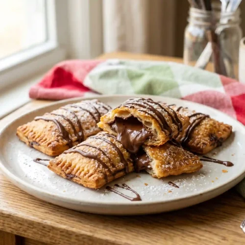 Hands holding a warm air fryer Nutella toast pie drizzled with chocolate sauce