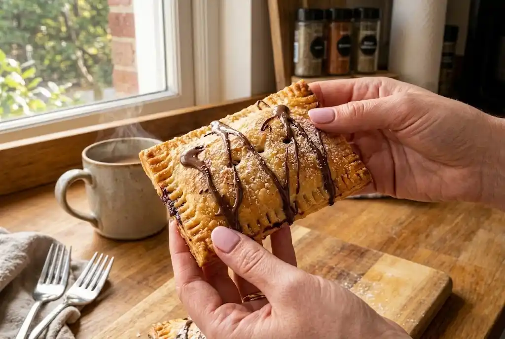 Air fryer Nutella toast pies broken open showing gooey melted Nutella filling