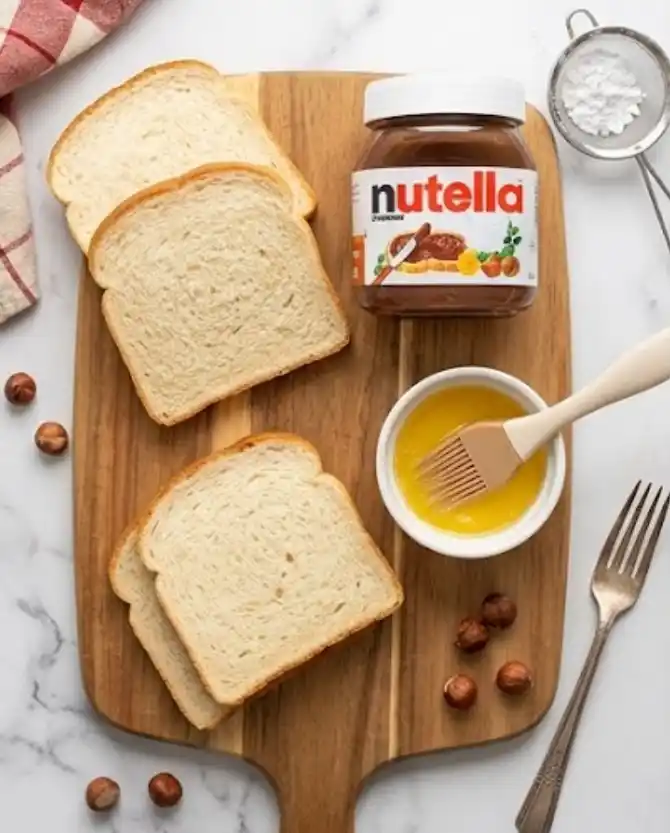 Ingredients for air fryer Nutella toast pies including bread, Nutella, butter, and hazelnuts