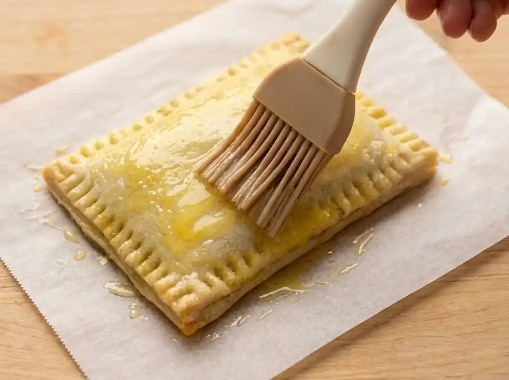 Brushing melted butter over a crimped Nutella toast pie before air frying