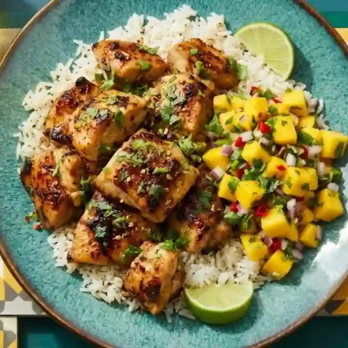A collection of related photographs showcasing the preparation and final presentation of a Healthy Air Fryer Honey Lime Chicken meal. Close-up shots show chicken thighs cooking in an air fryer basket, while wider views depict the plated dish served with mango salsa over rice on various table settings.
