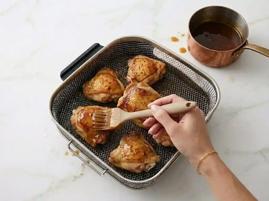 Healthy Air Fryer Honey Lime Chicken RECIPE IMAGE : A hand uses a silicone pastry brush to generously apply a thick, glossy, amber-colored honey lime glaze over the slightly browned surface of cooked chicken thighs that have been briefly removed from the air fryer basket.