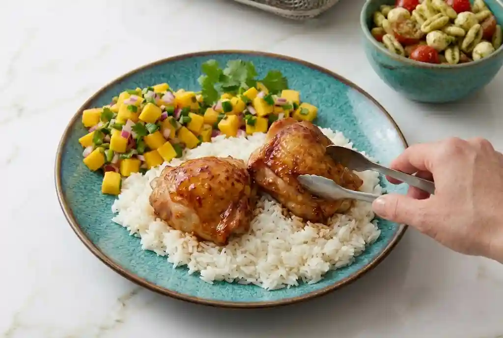 Healthy Air Fryer Honey Lime Chicken RECIPE IMAGE : A beautifully plated final meal featuring two perfectly glazed, golden-brown honey lime chicken thighs resting on a fluffy bed of white jasmine rice. A small white bowl of vibrant mango salsa is served alongside. The background shows a portion of Pesto Pasta Salad.