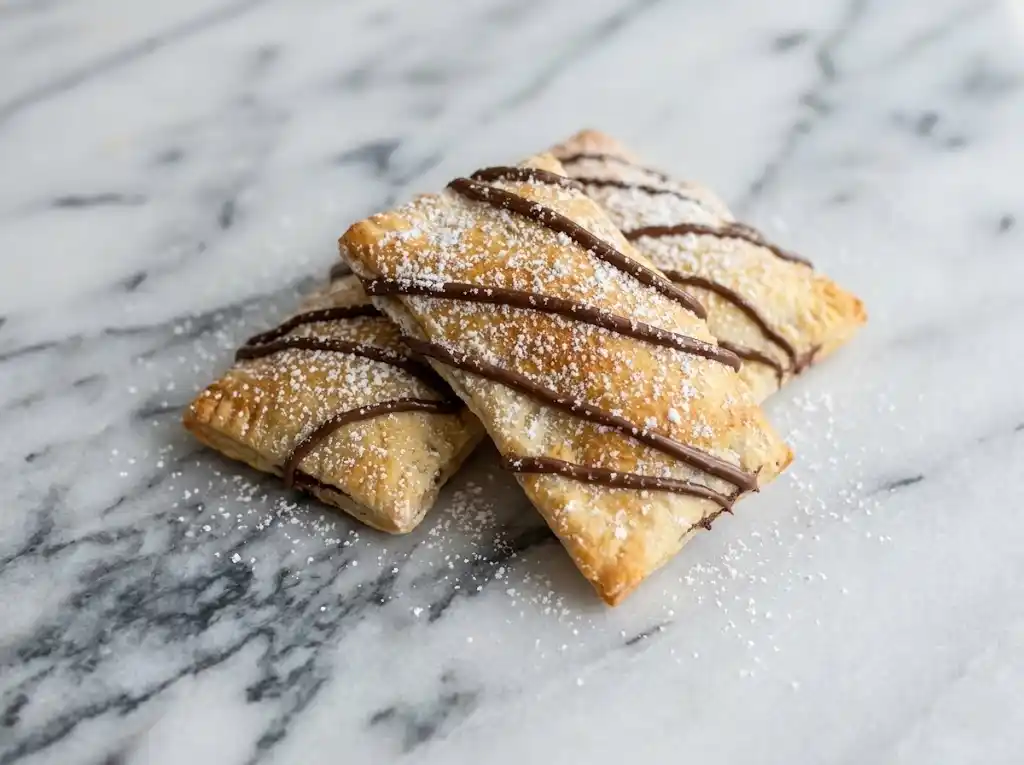 Golden crispy air fryer Nutella toast pies dusted with powdered sugar on a plate