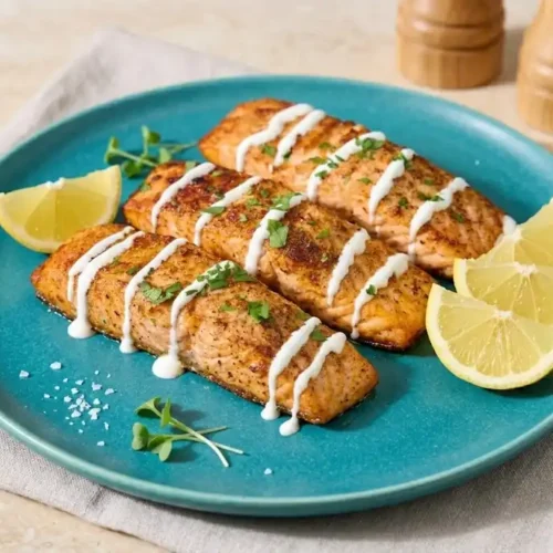 Crispy air fryer salmon fillets with honey paprika glaze served with lemon wedges and fresh herbs