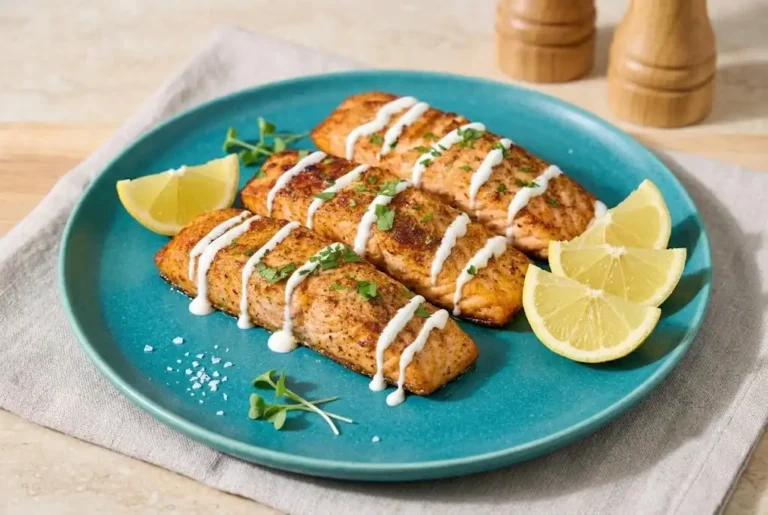 Crispy air fryer salmon fillets with honey paprika glaze served with lemon wedges and fresh herbs