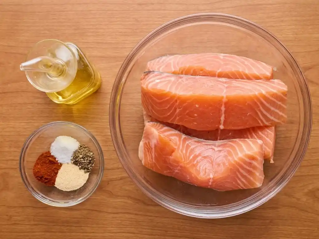 Air Fryer Salmon ingrediants Fresh salmon fillets with olive oil, honey, smoked paprika, garlic, and lemon for air fryer salmon recipe