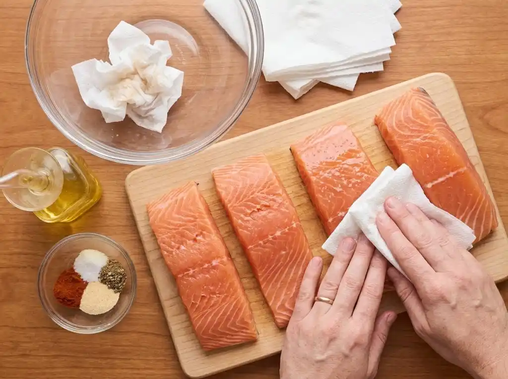 Air Fryer Salmon step 1 Patting raw salmon fillets dry with paper towels before air frying for a crispy crust